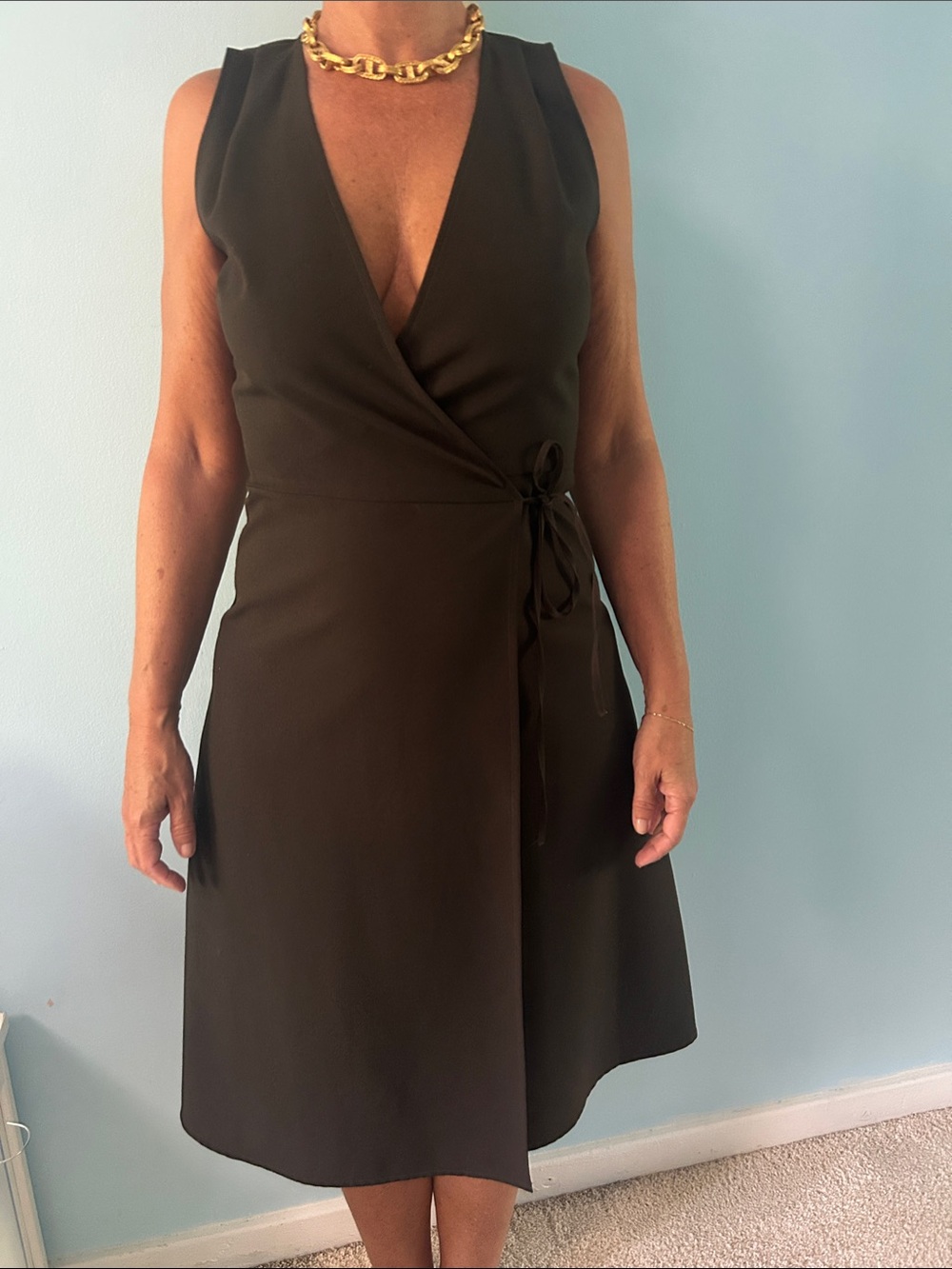 French Connection Brown Sleeveless Wrap Midi Dress